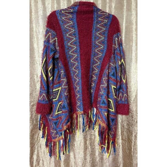 Luxmi Bohemian Fringe Open-Front Cardigan Sweater Aztec Pattern Multicolor - Picture 2 of 9